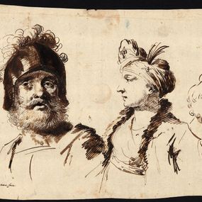 [object Object] - Bust of a man with a helmet, a bust of a woman with a turban, a bowed head of a woman
