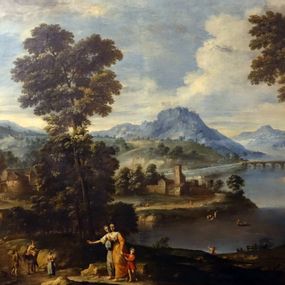 [object Object] - River landscape with washerwoman and a child