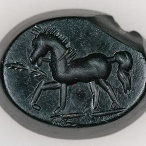 null - Schwarzer Jaspis graviert mit siegreichem Pferd mit Palmzweig