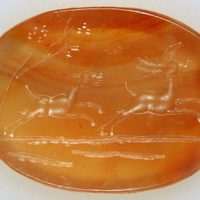 null - Carnelian engraved with a dog chasing a deer