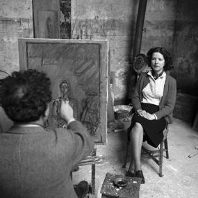 [object Object] - The artist Alberto Giacometti draws his wife Annette. Paris, France