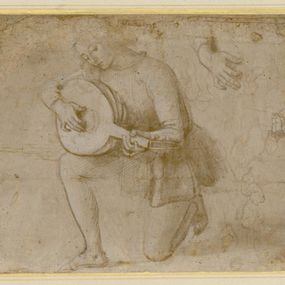 [object Object] - Young man playing the lute and studying details of his hands
