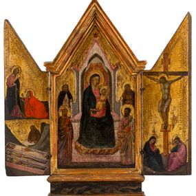 null - Virgen entronizada con niño y cuatro santos