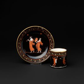 null - Cup and saucer with a Bacchic scene with red figures on a black background
