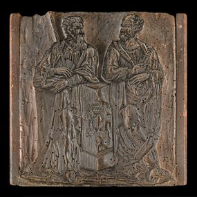 null - Wooden matrix with the coat of arms of the Fabbrica di San Pietro and figures of the apostles Peter and Paul