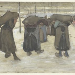 [object Object] - Women carrying sacks of coal in the snow