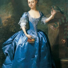 [object Object] - Ritratto di una ragazza vestita di blu, con un pappagallo in un sontuoso giardino