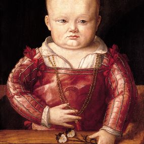 null - Retrato de un niño llevando túnica roja y cadena de oro