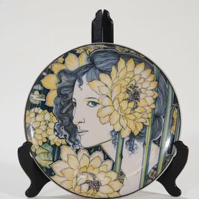 Galileo Chini - Piatto decorativo con testa femminile e girasoli