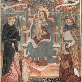 [object Object] - Madonna in trono col Bambino tra San Nicola da Tolentino e un santo vescovo con donatori e angeli