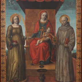 [object Object] - Banner of Orzinuovi: Madonna and Child between Saint Catherine of Alexandria and Saint Bernardino of Siena