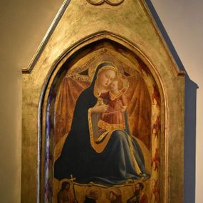 [object Object] - Virgen de la humildad, Santos Juan Bautista y Pablo y el encuentro de Santos Domingo y Francisco; en el marco, catorce serafines