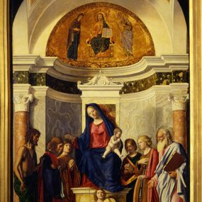 [object Object] - Madonna col Bambino in trono e i santi Giovanni Battista, Cosma, Damiano, Apollonia, Caterina e Giovanni Evangelista