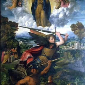 [object Object] - San Miguel Arcángel lucha contra el diablo y la Virgen de la Asunción entre ángeles