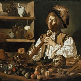 [object Object] - Interior with still life and young man with flute