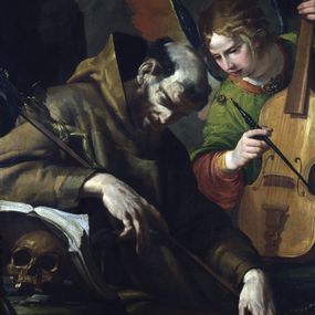 [object Object] - Der heilige Franziskus wird von einem musikalischen Engel getröstet