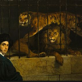 Francesco Hayez - Un leone e una tigre entro una gabbia con il ritratto del pittore