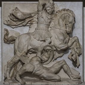 null - Metope decorated with naiskos with battle scene between Greeks and barbarians