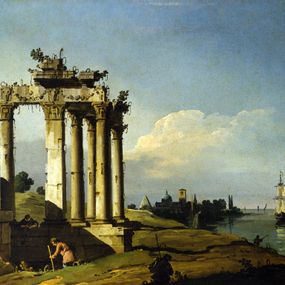[object Object] - Capriccio con rovine di tempio romano sulla laguna