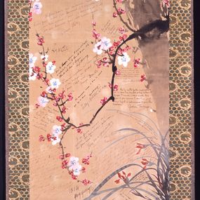 null - Kakemono con árbol en flor (Prunus) y plantas con flores