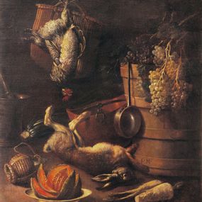 [object Object] - Nature morte au lièvre, cuve, raisins et sac à provisions avec poules