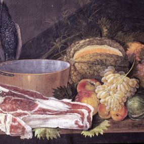 [object Object] - Steak, fruit and birds hanging
