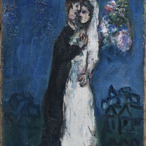 [object Object] - The engaged couple on a blue background
