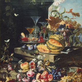 [object Object] - Flowers, fruit and a tray with glass goblets