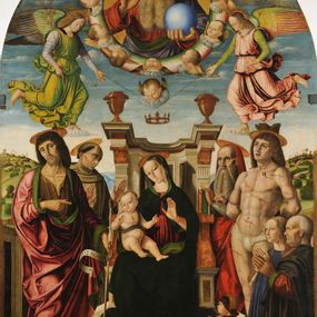 [object Object] - Madonna col Bambino in trono e i santi Giovanni Battista, Francesco d'Assisi, Girolamo, Sebastiano e la famiglia Buffi (pala Buffi)
