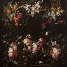 [object Object] - Bassorilievo con una ghirlanda di fiori e frutta