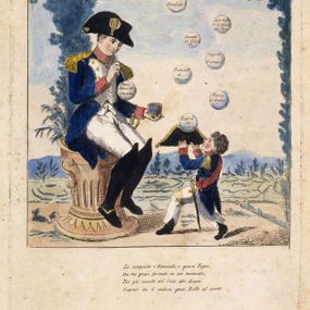 null - Stampa satirica raffigurante Napoleone che gioca con le bolle di sapone