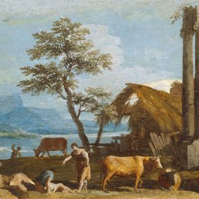 [object Object] - Paysage avec ruines classiques et vaches au pâturage