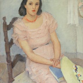 [object Object] - Portrait of young woman in pink with hat in hand