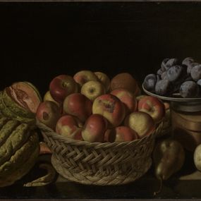 [object Object] - Still life with a basket of apples and a plate of plums, melons and pears