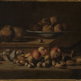 null - Still life with walnuts, hazelnuts, almonds, dried figs and fruits, second