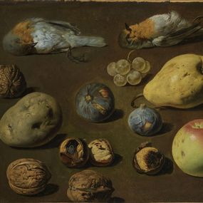 [object Object] - Natura morta con uva, noci, castagne, frutta e pettirossi