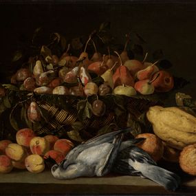 null - Still life with basket of pear and apples, citrus fruits and two doves