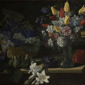 null - Natura morta con cesta di uva, vaso di fiori, fichi e gigli