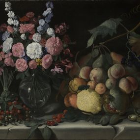 null - Still life with vase of flowers, pomegranate, peaches, citrus fruits and strawberries