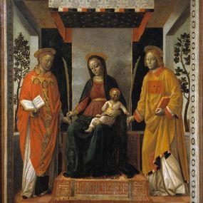 [object Object] - Madonna con il Bambino tra i santi Faustino e Giovita (Pala dei mercanti)