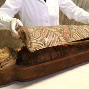 null - The child's mummy, preserved by a sarcophagus