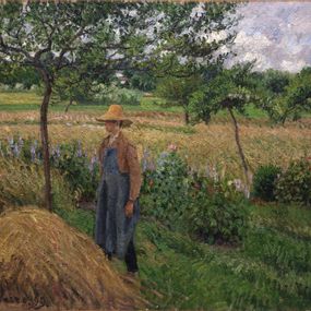 [object Object] - Gardener standing by a Haystack, overcast sky
