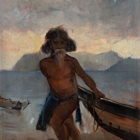 [object Object] - A half-naked Ainu carries a boat ashore