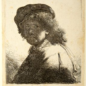 Rembrandt Harmenszoon van Rijn, detto Rembrandt - Autoritratto con sciarpa intorno al collo e il volto in ombra