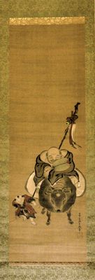 Toriyama Sekien - Hotei a cavallo di un bufalo con bambino cinese