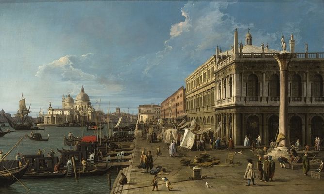 Giovanni Antonio Canal, detto Canaletto - Il Molo verso ovest con la Zecca e la colonna di San Teodoro