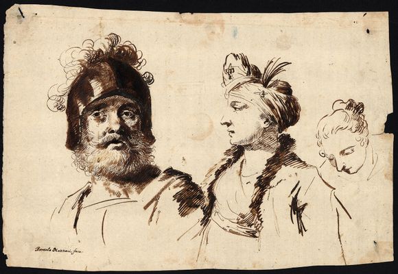 Bartolomeo Nazari - Bust of a man with a helmet, a bust of a woman with a turban, a bowed head of a woman