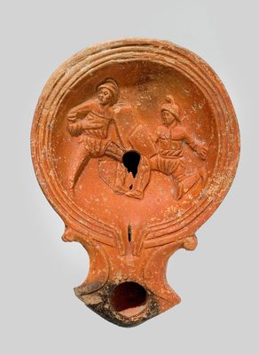 Lucerna con un duelo entre Thracian y Virmillone