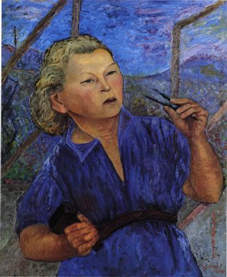 Antonietta Raphaël Mafai - Self-portrait in blue overalls