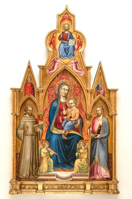 Madonna and Child enthroned between two musician angels and St. Francis of Assisi and St. James Major